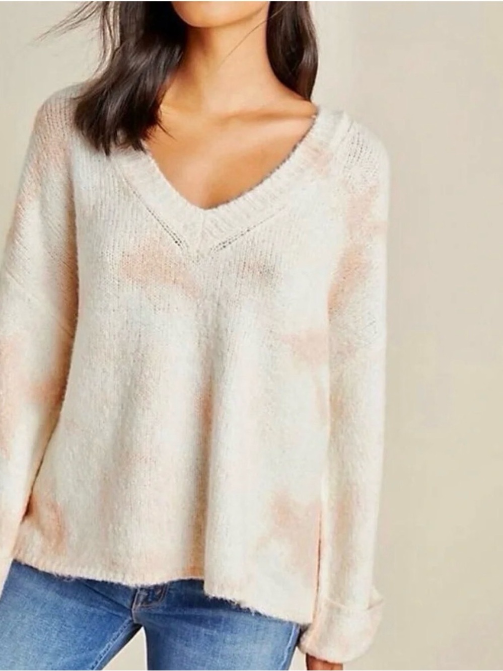 Anthropologie Maggie Peach & Cream V-Neck Sweater Size M